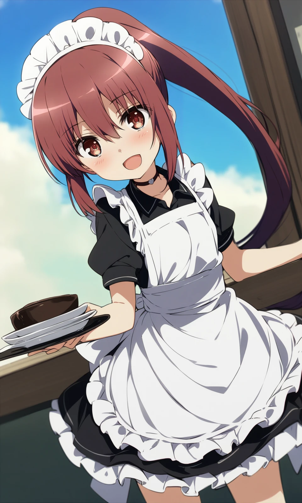 masterpiece, best quality, by ogipote, BREAK
suzukiikumi, 1girl, :d, alternate costume, apron, brown eyes, brown hair, choker, enmaided, frilled apron, frilled dress, frills, long hair, maid, maid apron, maid headdress, open mouth, plate, ponytail, red hair, sky, smile, solo, tray, white apron,
<lora:SuzukiIkumi_XL:1>