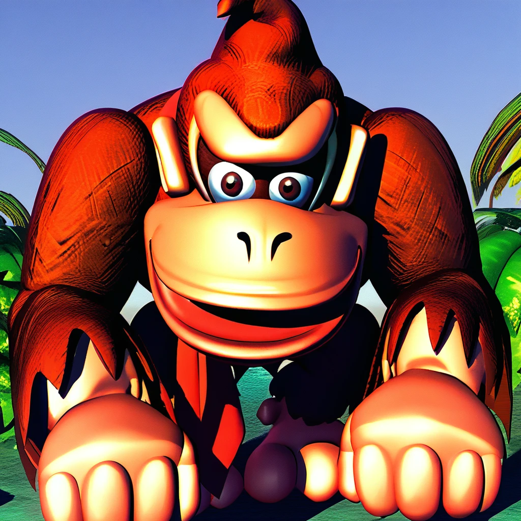 (source_furry, source_cartoon, score_9, score_8_up, score_7_up:1), solo male, donkey kong, kong, looking at viewer, smile, open mouth, 3d