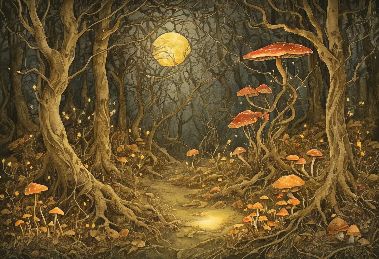 A highly detailed watercolor painting of a moonlit glade. The scene is filled with soft, glowing flowers, delicate foliage, mushrooms and twisted trees, creating an enchanting yet dreamlike atmosphere. The color palette is predominantly warm tones, with shades of red and yellow. The overall style is reminiscent of a fantasy sketchbook illustration, with intricate shading and a sense of ethereal beauty. <lora:Froud-000006:1>