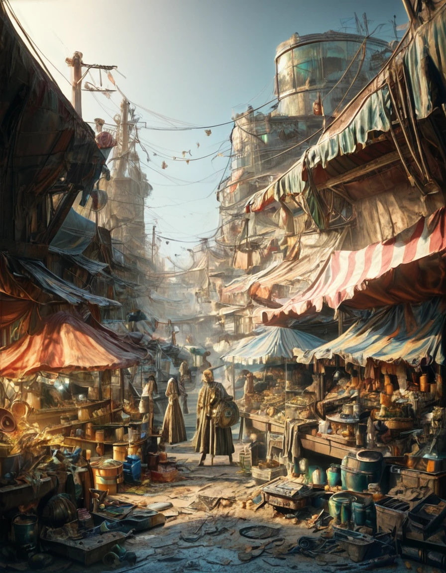 (masterpiece), (best quality), (ultra-detailed), score_9, score_8_up, score_7_up, falloutlora, market, illustration, disheveled hair, detailed eyes, perfect composition, moist skin, intricate details, earrings, by wlop, Wide Shot score_9, score_8_up, score_7_up, falloutlora, market . Expansive view, detailed landscape, high-resolution, panoramic perspective