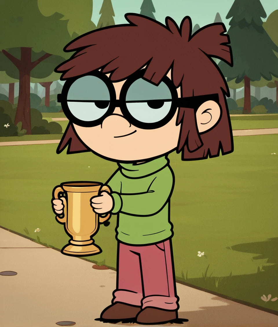 <lora:LisaLoud:0.85>, lisaloud, 1girl, solo, green sweater, pink pants, brown footwear,  glasses, looking at viewer, brown hair, short, holding a trophy with both hands, chibi, smile,  standing, outdoors park,, score_9, score_8_up, score_7_up,