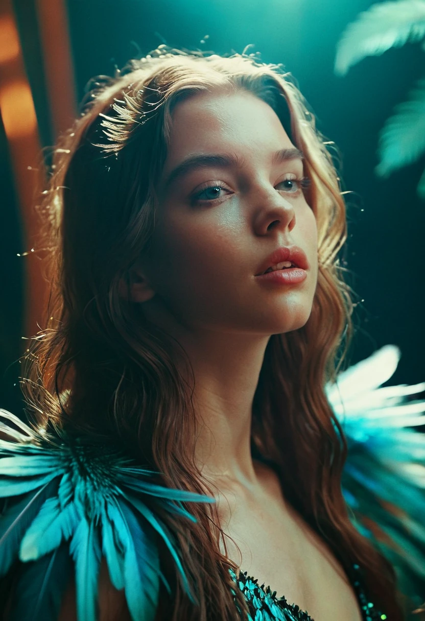 (Ana de Armas:0.3)(Anya Taylor-Joy:0.5), by Guy Aroch and Daniel Gerhartz, made of iridescent hummingbird feathers, beautiful young woman, complex environment, nsfw, (strong analog film grain:1.1), detailed realistic flawed skin texture, 8K