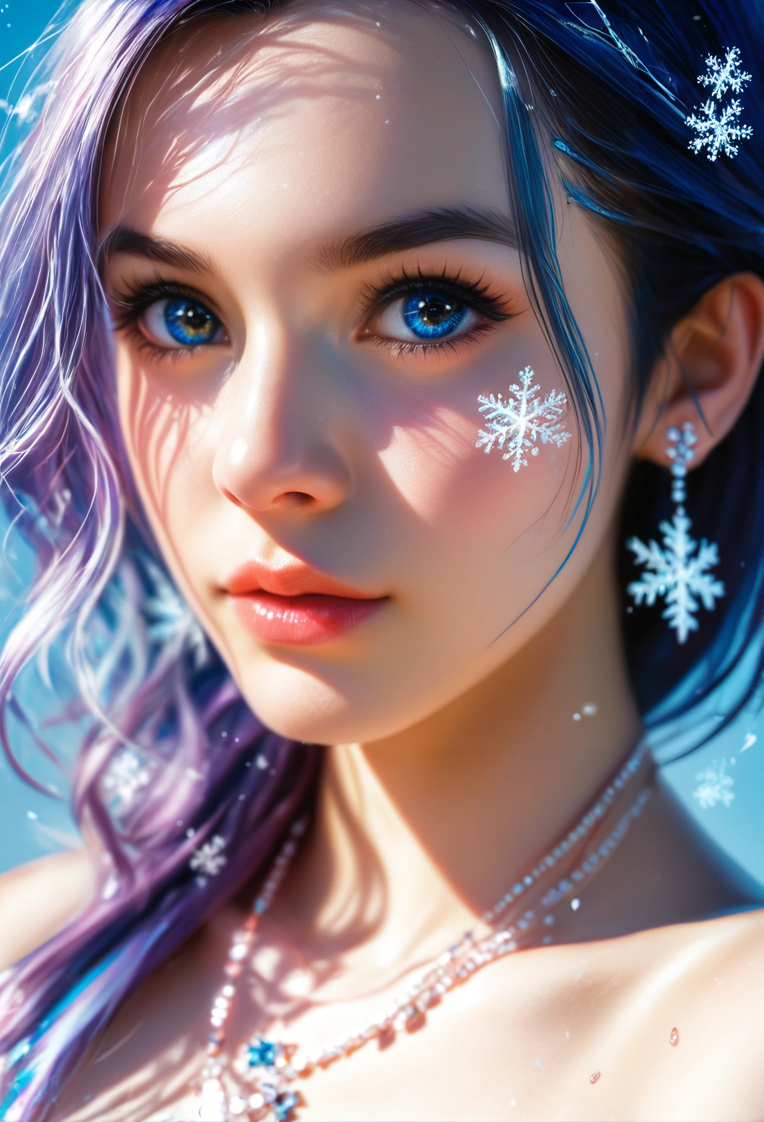 realistic style, minimalism realistic photography, cyberpunk, sci-fi, close-up of a young and beautiful Chinese girl, strapless, fashion suit, realistic facial feature, surrounded by snowflakes and drizzle, with the cyberpunk city in the background, Bold epic color palette with strong contrasts
