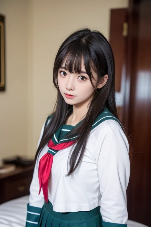 ltra-detailed,highly detailed,best quality,masterpiece,illustration,realistic,photorealistic,
kagome, 1girl, solo, portrait,
school uniform, serafuku, sailor collar, long sleeves, neckerchief, pleated skirt, 
long hair, bangs, 
looking at viewer, upper body, 
indoors, bedroom, 
 <lora:kagome_v1_06:0.7>