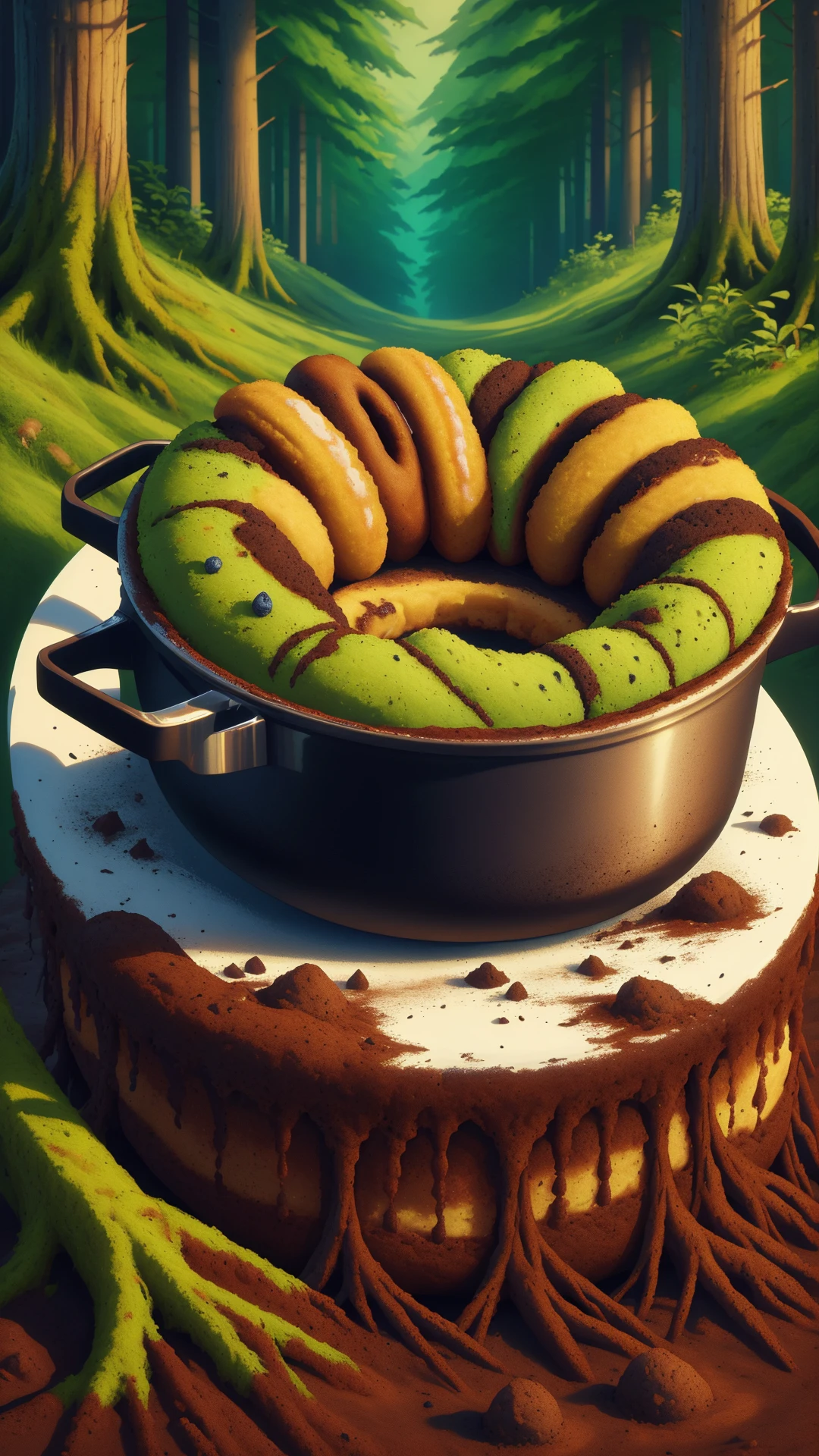 <lora:ElementEarth:0.9>ElementEarth deep frying doughnuts in a pot of sizzling oil, nature inspired, natural, earth, dirt, (Masterpiece:1.3) (best quality:1.2) (high quality:1.1)