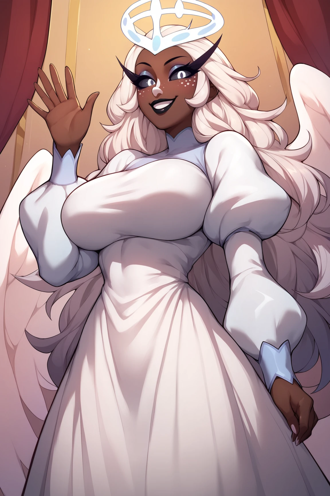 score_9, score_8_up, score_7_up, score_6_up, score_5_up, score_4_up, SeraHHXL, dark skin, colored skin, no ears, white nose, white freckles, makeup, black lips, colored sclera, white eyes, black pupils, white hair, long hair, halo, glowing halo, angel wings, large breasts, puffy sleeves, white dress, long slevees, long skirt, solo, standing, waving, seductive smile, looking at viewer, heaven <lora:SeraHHXL:0.8>