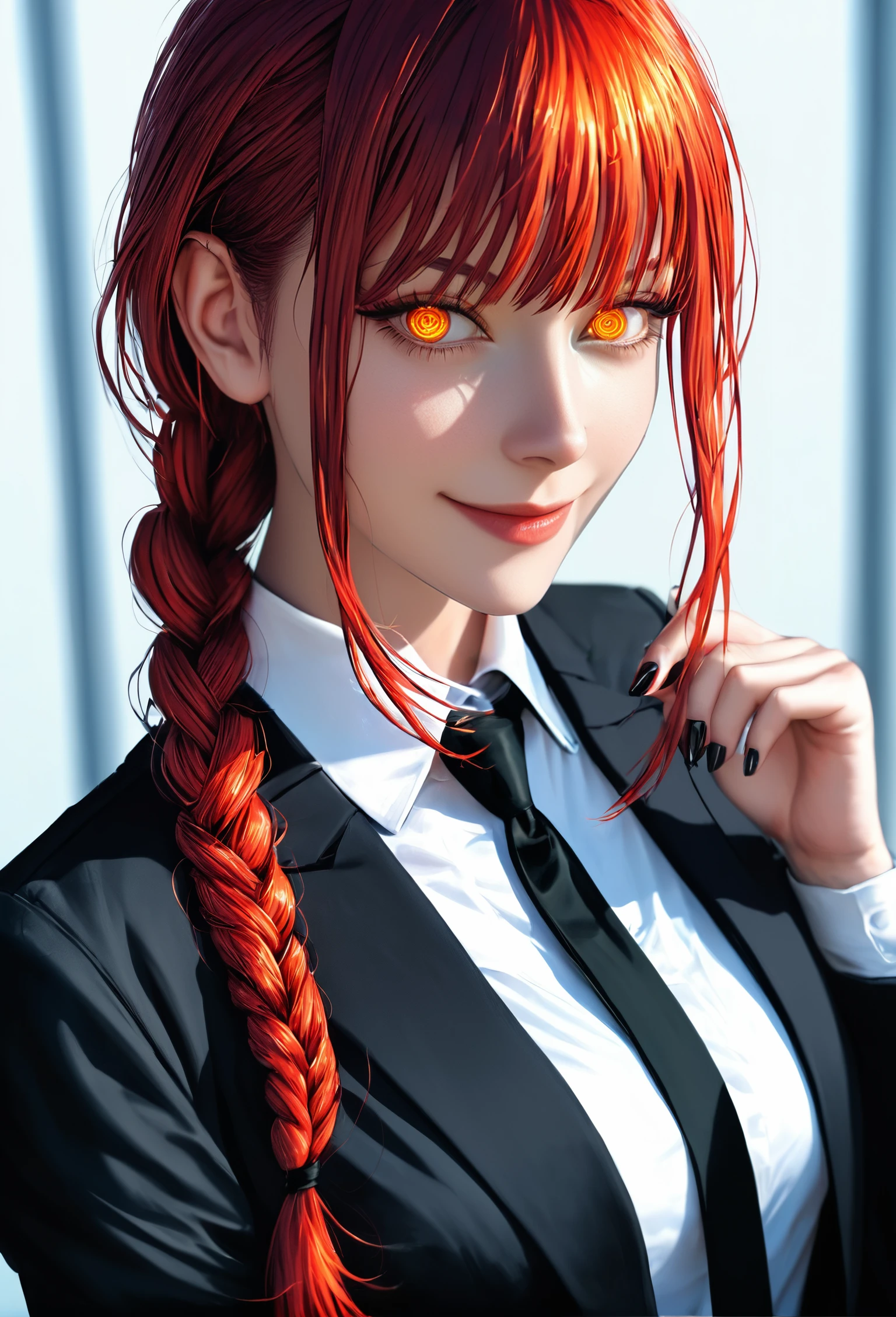 i want the whole image to be created in relistic style, 1girl, solo, long hair, looking at viewer, smile, bangs, shirt, long sleeves, jacket, yellow eyes, white shirt, upper body, braid, sidelocks, red hair, necktie, collared shirt, nail polish, black jacket, orange eyes, glowing, formal, suit, black nails, glowing eyes, black necktie, braided ponytail, ringed eyes, business suit, makima (chainsaw man)