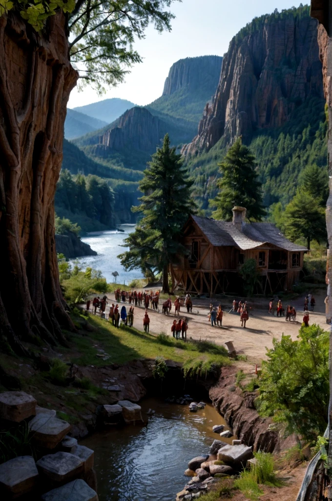 (ZPDXLrl), 
deep valley, Canyon, river, Living town, small Tree houses, (Crowd of people:1.2), (winking, walking, sitting, working), objects, (intrinsic details)