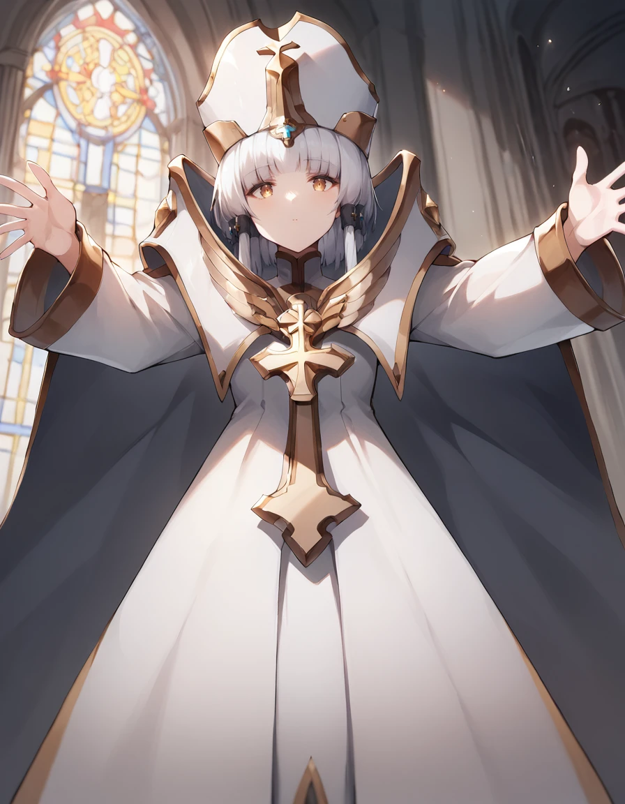 score_9, score_8_up, score_7_up, source_anime,
1girl, solo, looking at viewer, indoors, church, from below, outstretched arms,
arcana, white hair, gold eyes, blunt bangs, hair tubes, short hair, long locks,
white headwear, cape, white sleeves, long sleeves, cross, jewelry, forehead jewel,
 <lora:arcana_anime_v3-soralz:0.8>