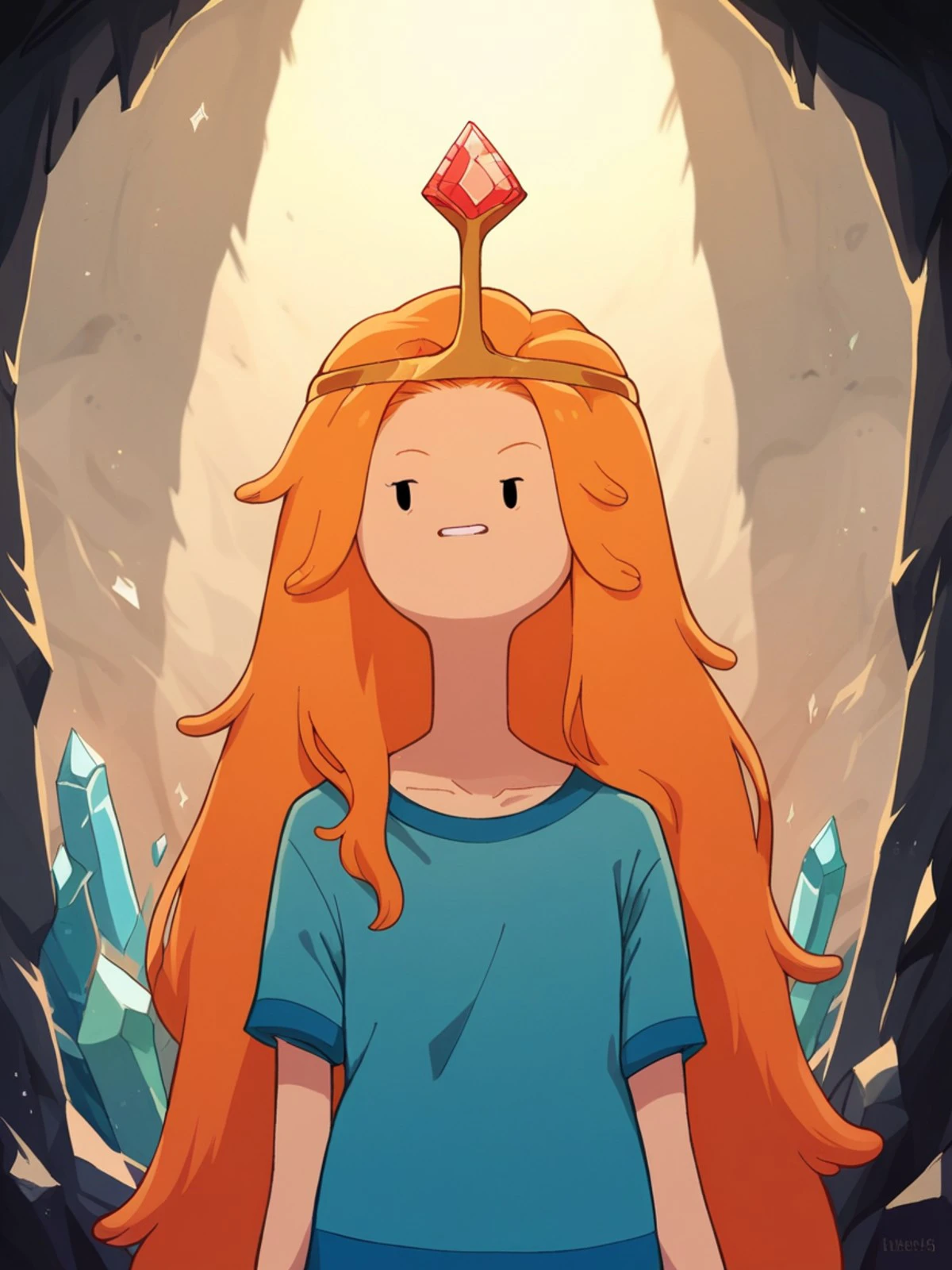 score_9, score_8_up, score_7_up, score_6_up, score_5_up, score_4_up, 4dv3ntur3t1m3, adventure time, <lora:4dv3ntur3t1m3XLP:1> 1girl, orange hair, portrait, long hair, crystals, cave,
