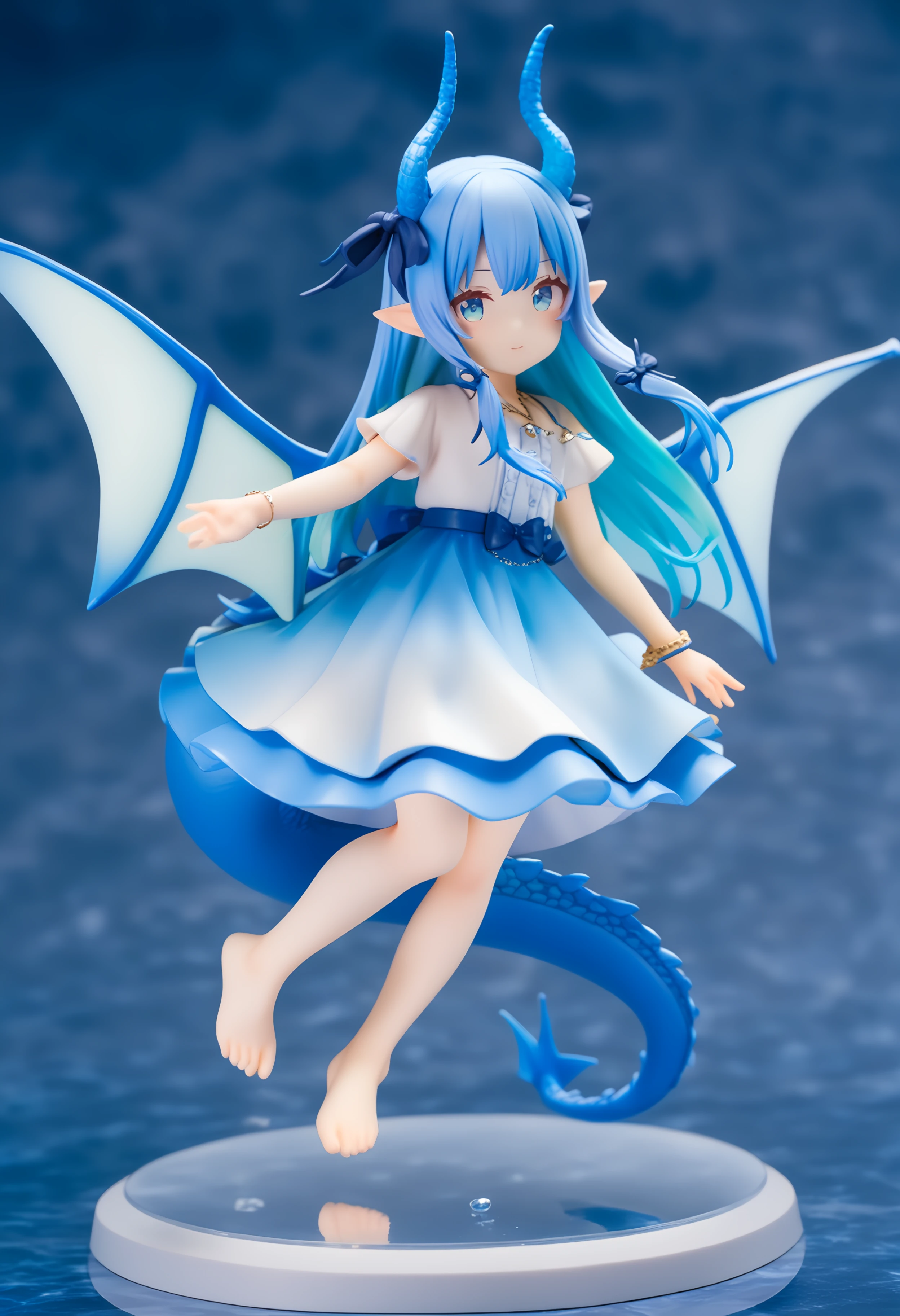 1girl,
pvc figure,
dragon girl, solo, wings, (1o1i:1.3), full body, long hair, underwater, bubble, necklace, blue hair, looking at viewer, jewelry, blue ribbon, horns, dragon horns, dragon wings, ribbon, white shirt, sidelocks, pointy ears, barefoot, bracelet, white skirt, skirt, hair ribbon, blue eyes, blue dress, shirt, tail, dragon tail, air bubble, dress,
masterpiece, newest, absurdres, safe
<lora:kohaku-xl-epsilon-addon-lyco:1.0>