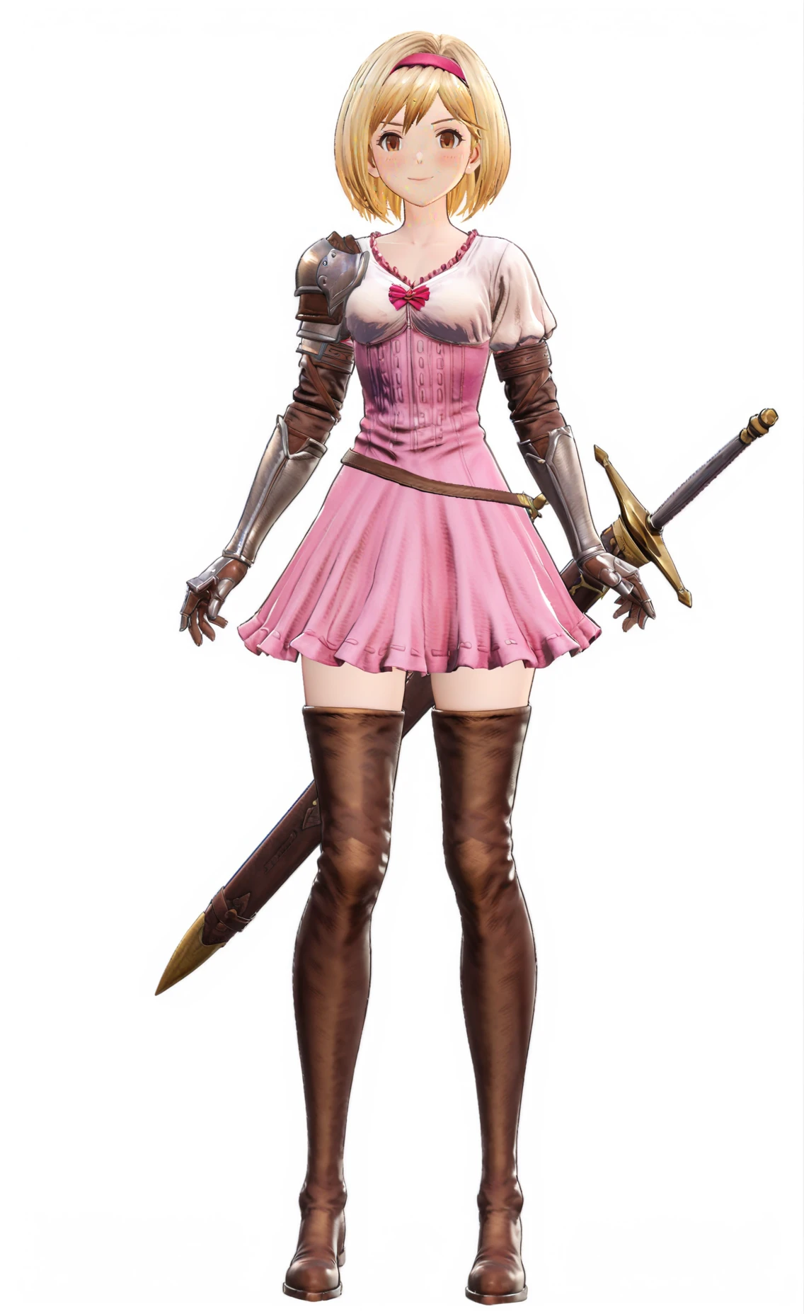 8k, best quality, masterpiece, (ultra-detailed), (high detailed skin), (white background:1.2),
(full body), (white background), standing, looking at viewer, (solo),
<lora:GBFV1-A3-Tanger-000013:0.8>,djeeta (granblue fantasy), djeeta's pink dress, Game's style, 1girl, blonde hair, solo, thigh boots, boots, pink hairband, sword, thighhighs, weapon, hairband, brown footwear, dress, sheath, gauntlets, short hair, brown eyes, smile,
full_shot,