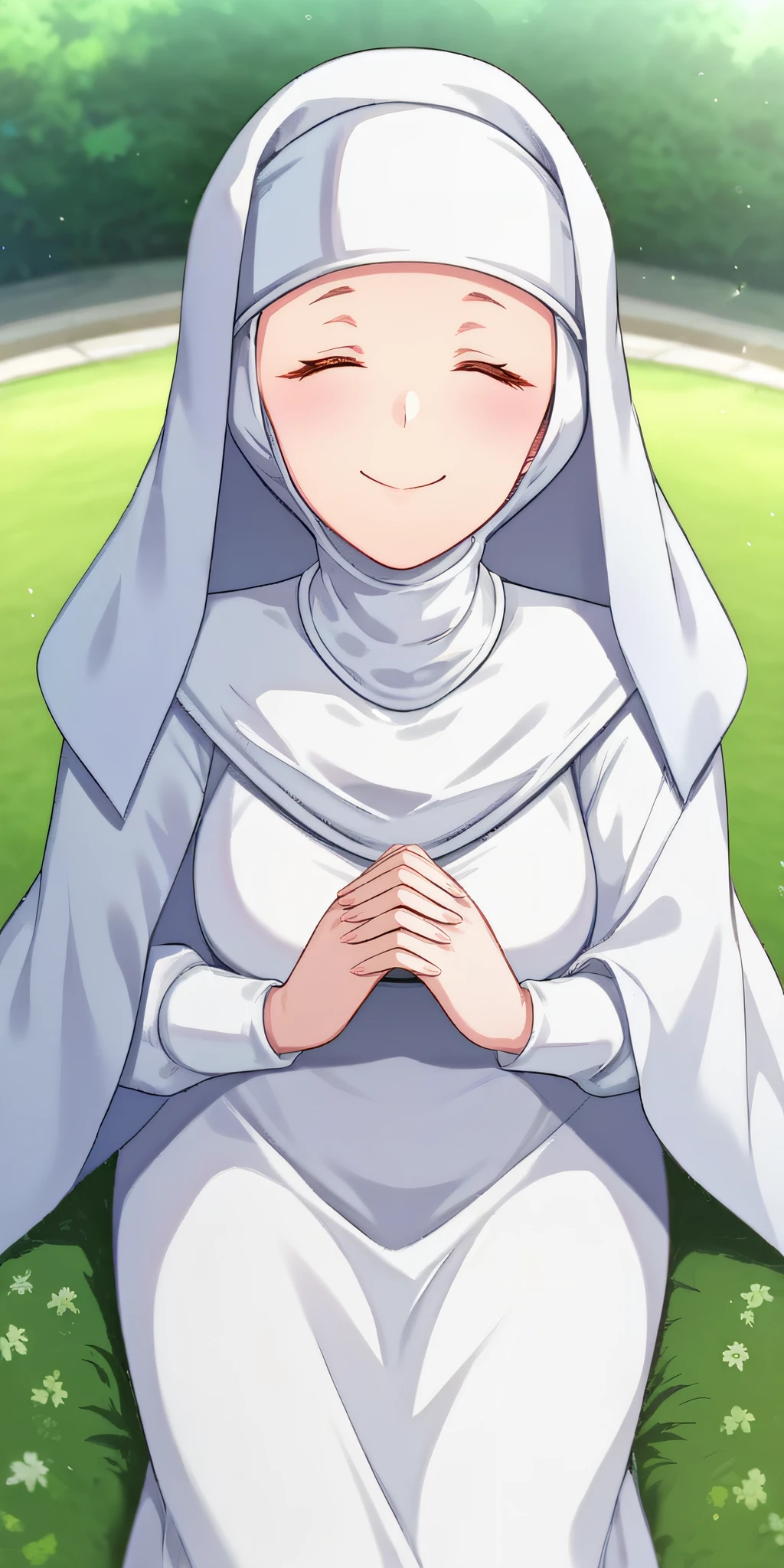 score_9, score_8_up, score_7_up, source_anime, rating_safe, intricate details, anime screencap, official style, <lora:Elouise_Sussex:1>, elouise, closed eyes, nun, habit, white dress, white sleeves, taut dress, large breasts, smile, looking at viewer, outdoor, sitting on grass, barefeet, naughty face, hands together, from above, feet