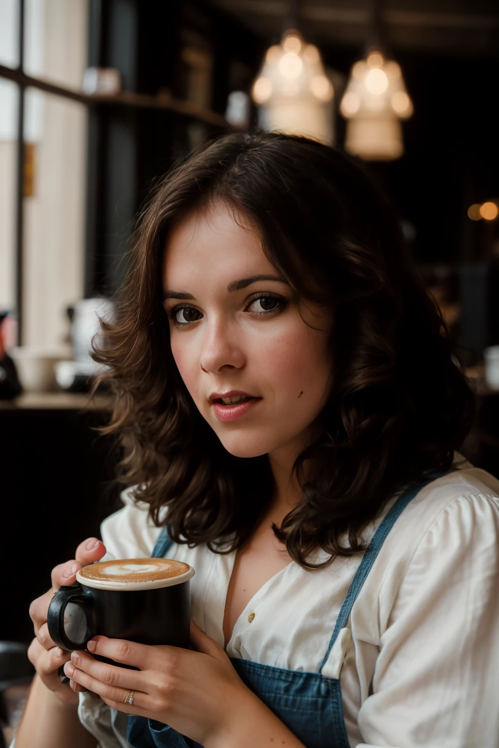 <lora:ChrissieBeauchamp:0.8>, full color portrait of a young woman, having coffee at a vintage cafe, natural light, RAW photo, subject, 8k uhd, dslr, soft lighting, high quality, film grain, Fujifilm XT3, Nikon D850