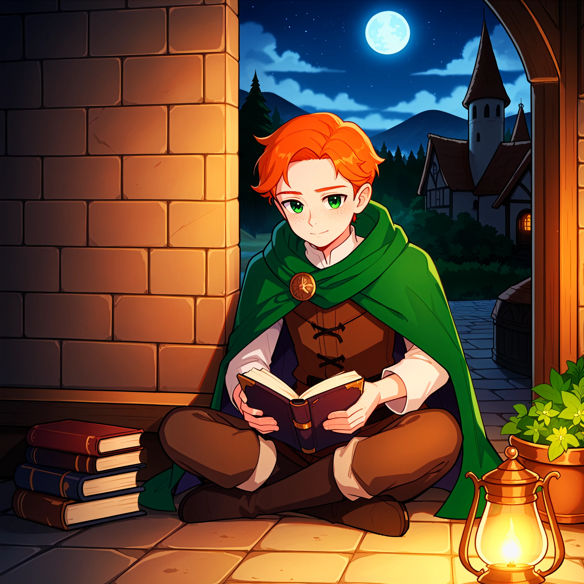 score_9, source_anime, masterpiece, best quality,amazing quality, best aesthetic, absurdres, BREAK 1boy, solo, finn, green eyes, freckles, ginger hair, wizard, holding a tome, dark theme, sitting, Indian style against brick wall, cloak, spooky medieval village, at night, focused, looking at book,<lora:FinnXLP2-000003:0.8>