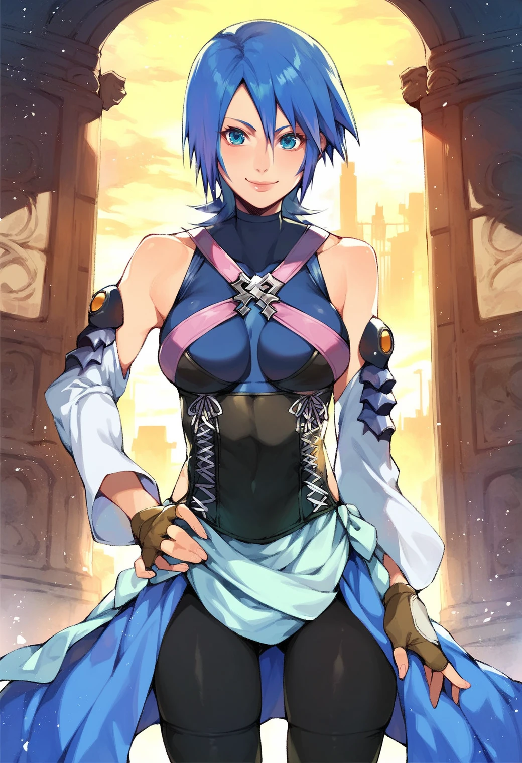 score_9,score_8_up,score_7_up,source_anime BREAK <lora:Aqua_(Kingdom_Hearts)_V2:0.8>,high detail,good hands,perfect hands,1girl,solo,aqua (kingdom hearts),detached sleeves,bare shoulders,halterneck,corset,criss-cross straps,fingerless gloves,gloves,overskirt,bike shorts under skirt,black thighhighs,smile,hand on hip,cowboy shot,city