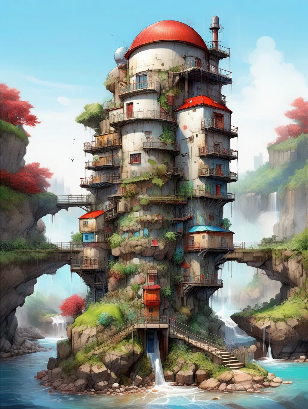 Realistic landscape painting of a small island with a a tall tower with balconies, stairs and a red roof, a waterfall, vibrant colors, intricate details in the architecture and nature elements, peaceful atmosphere
WastCity <lora:Wasteland_City_XL:1>, detailed background, intricate, high quality exquisite details and textures, highly detailed, warm lighting, sharp focus, HDR, 8k high resolution