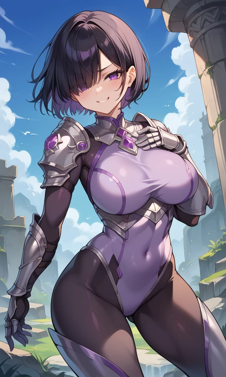 Adult woman, short purple hair, high ponytail, cat ears, Yellow eyes, Tight-fitting closed leather armor, anger, Masterpiece, hiquality