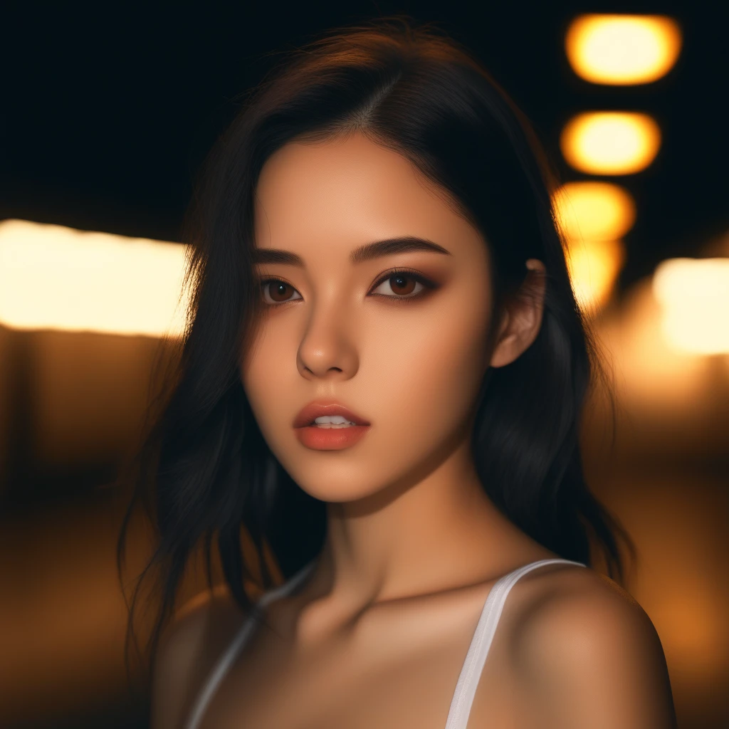 parted lips, black hair, looking at viewer, lips, breasts, blurry background, brown eyes, underwear, realistic, 1girl