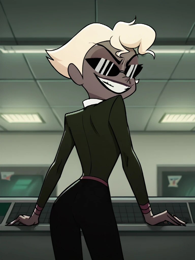 , score_9, score_8_up, score_7_up, score_6_up, score_5_up, score_4_up, looking at viewer, <lora:Agent2:1> agent2,1girl, solo, suit, formal, necktie, short hair, smile, black pants,grin, indoors, sunglasses, ass, from behind, looking back,