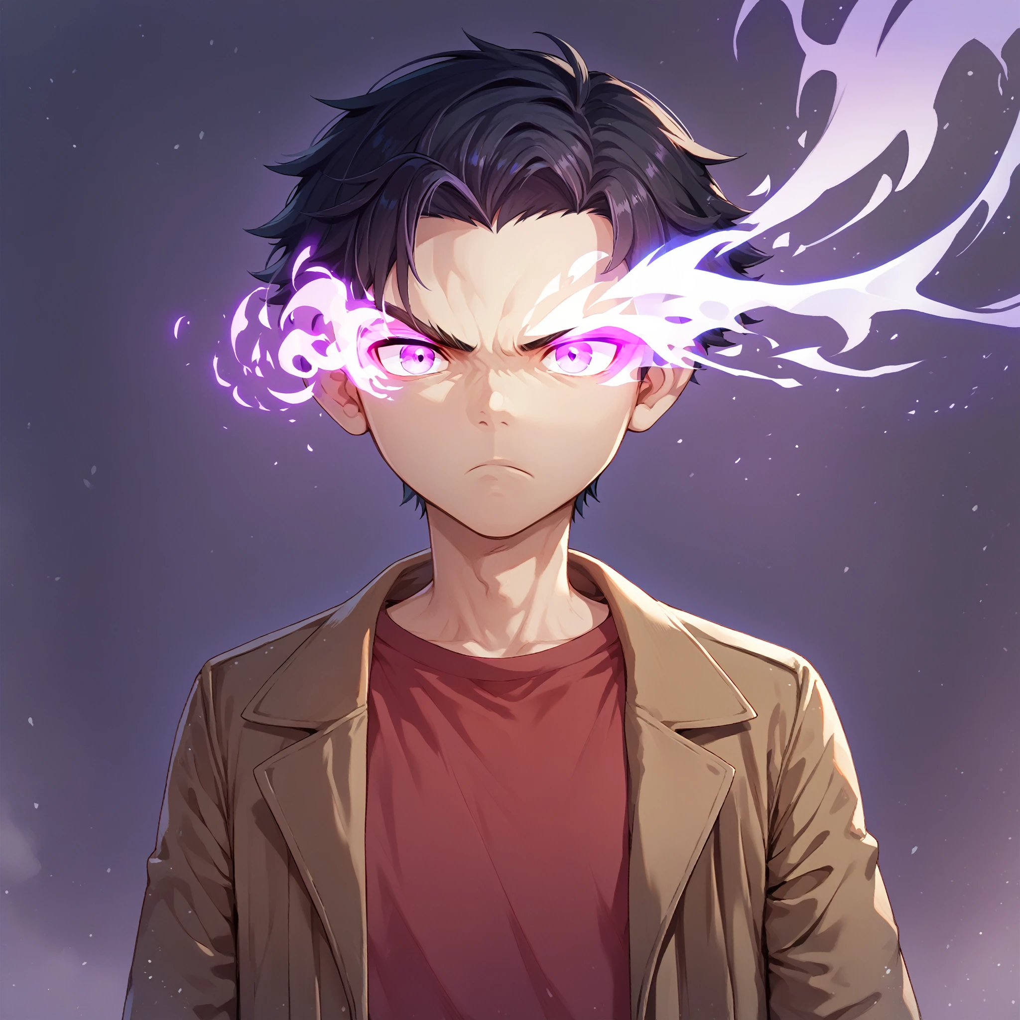 score_9_up, score_8_up, score_7_up, 1boy, male, solo, young, short black hair, glowing purple eyes, flaming eye, purple flaming eye, purple eye trail, brown coat, open coat, red t-shirt, looking at viewer, frown, closed mouth, (purple energy, purple magic, light particles, powerful magic:), (upper body, centered subject), foreshortening, multicolored background, dark background,source_anime<lora:EMS-388606-EMS:1.000000>