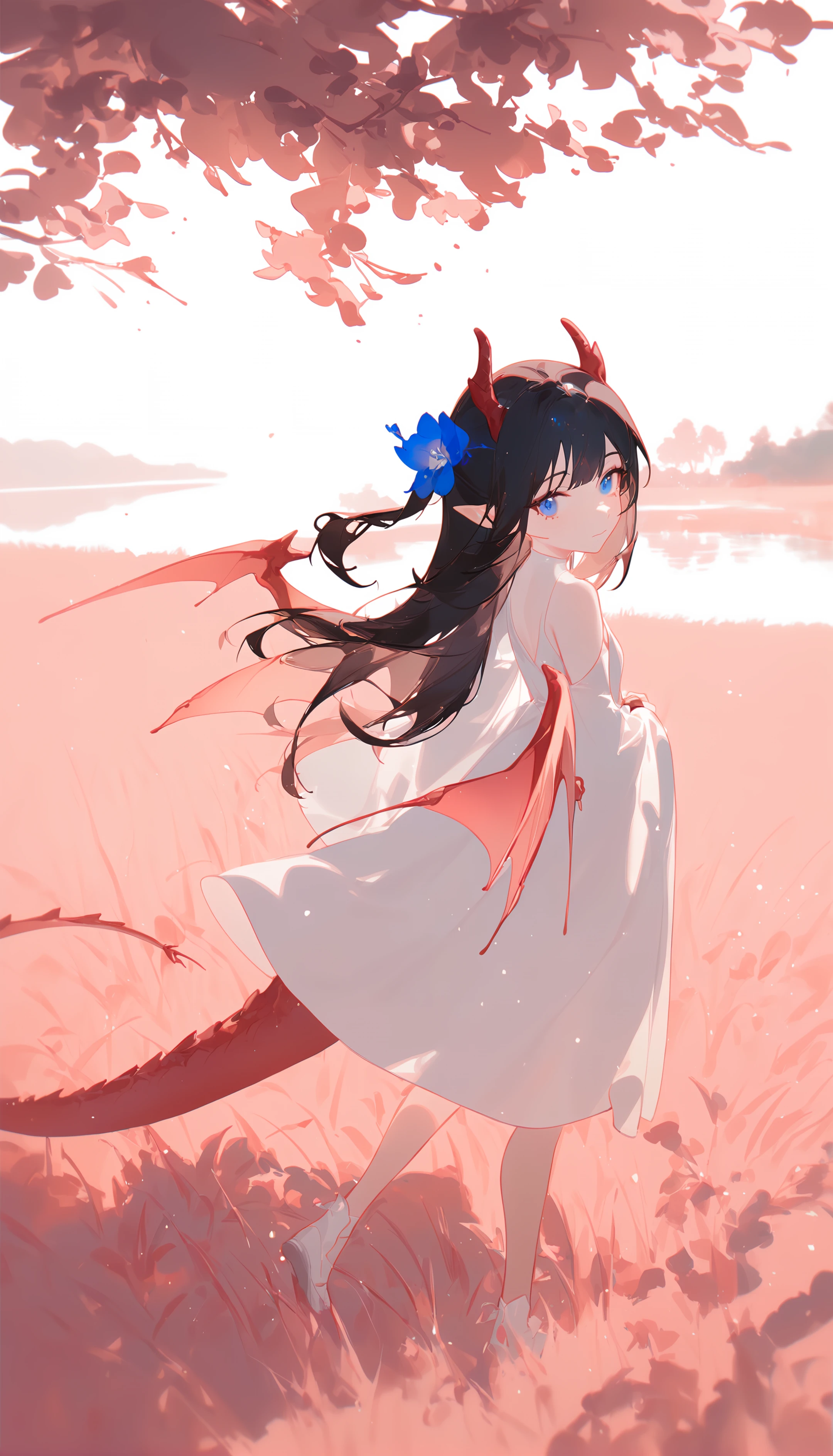 1girl,
ciloranko, lobelia \(saclia\), migolu, ask \(askzy\), wanke, (jiu ye sang:1.1), (rumoon:0.9), (mizumi zumi:1.1),
1o1i, solo, dragon girl, dragon tail, dragon wings, dragon horns, white dress, long hair, side up, river, tree, forest, pointy ears, horns, dress, wings, nature, pink theme, scenery, outdoors, grass, white footwear, blue eyes, tail, black hair, full body, water, flat chest, sunlight, cloudy sky, day, dappled sunlight, looking at viewer, flying, blue sky, sky, standing, cloud, close-up, wheat field, plant, light particles, wide sleeves, flower, blue flower, looking back, closed mouth, medium breasts,
masterpiece, newest, absurdres, safe