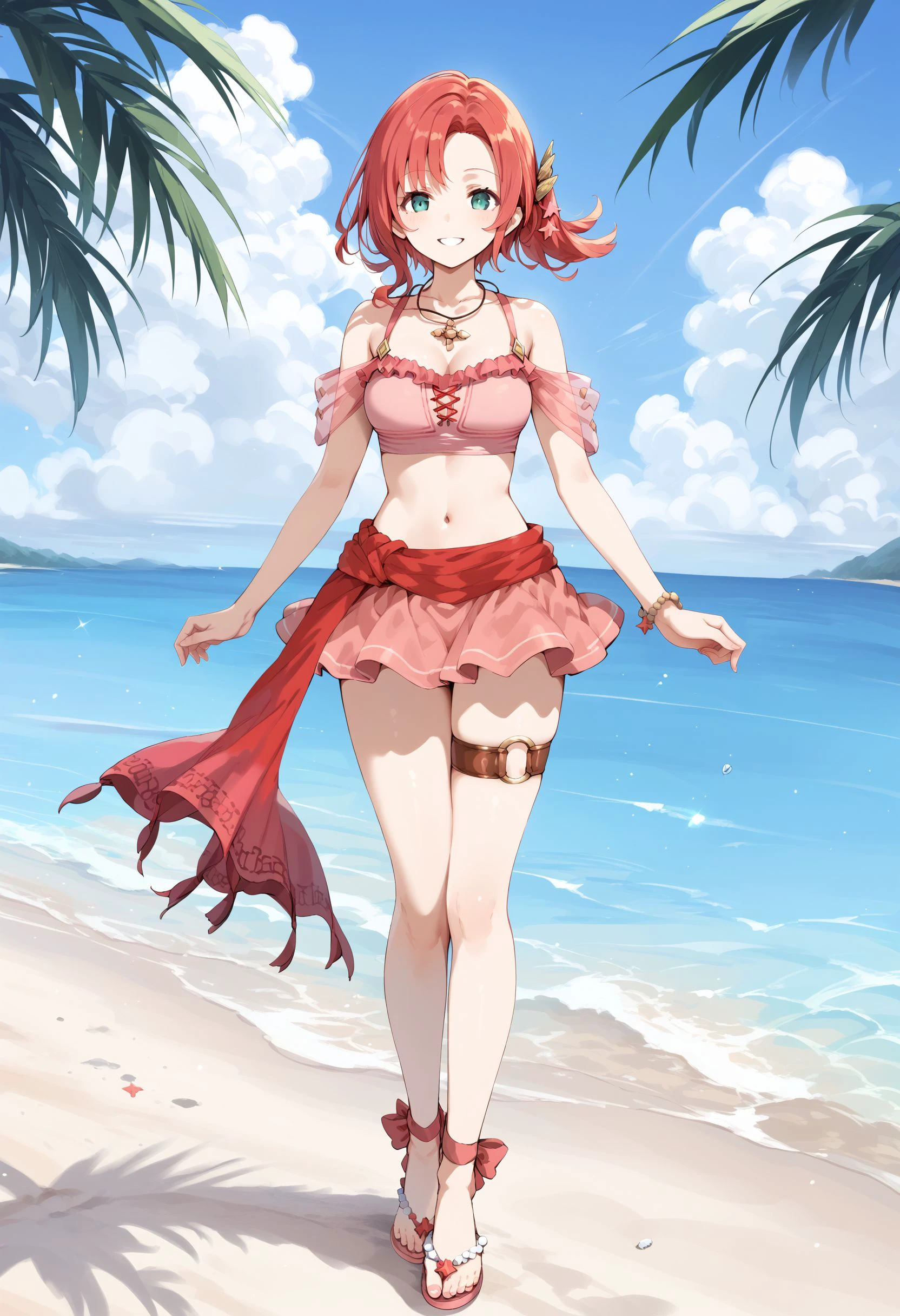 score_9, score_8_up, score_7_up, score_6_up, BREAK source_anime, best quality, masterpiece,
1girl,<lora:norne fehPonyXL:0.8>,norne feh,summer hair ornament,necklace,pink bikini,bikini skirt,bracelet,thigh strap,leg ribbon,sandals,full body,standing,smile,sandy beach,palm tree