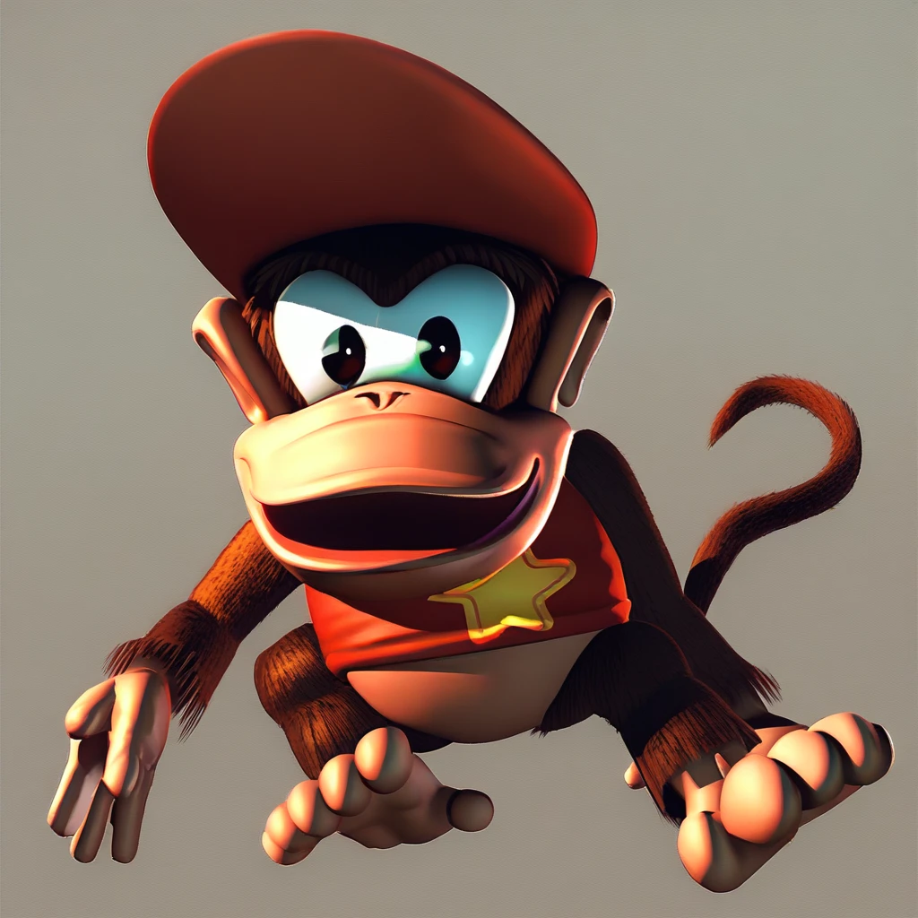 (source_furry, source_cartoon, score_9, score_8_up, score_7_up:1), solo male, diddy kong, kong, looking at viewer, smile, open mouth, 3d