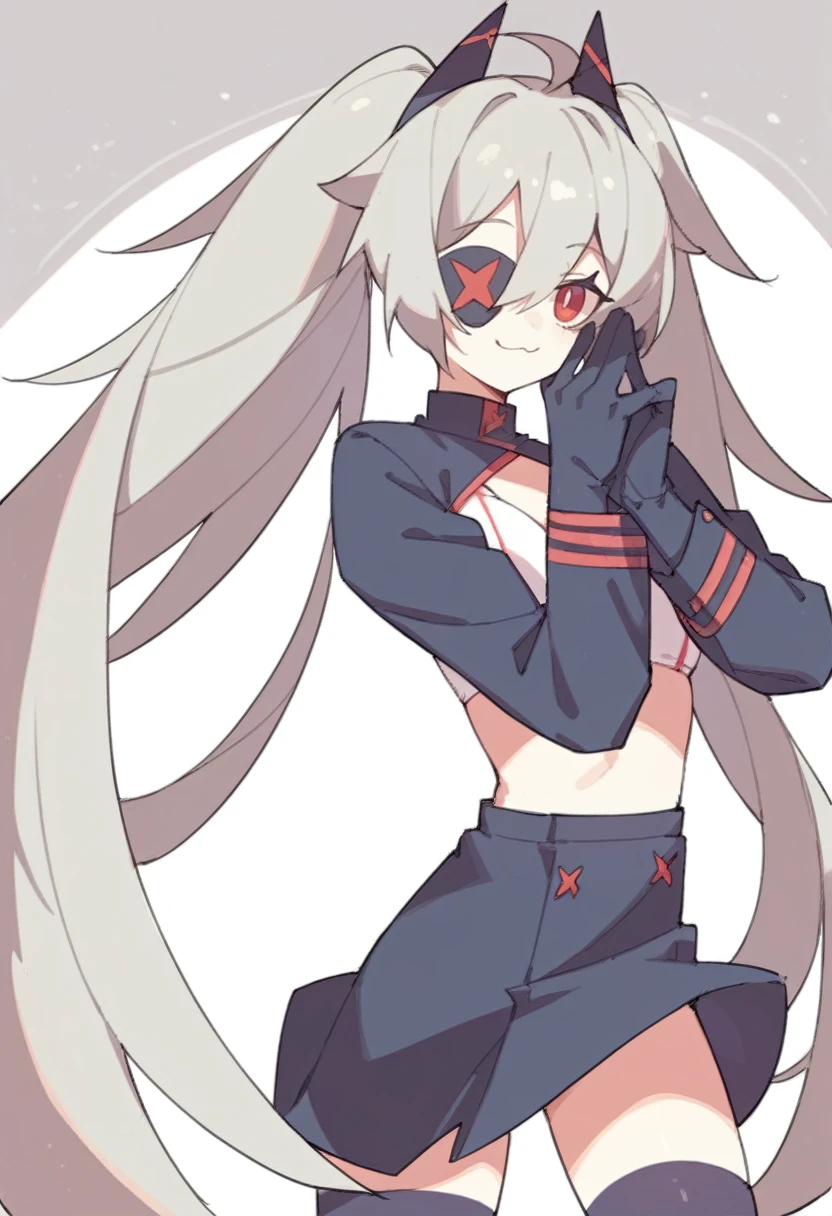 score_9, score_8_up, score_7_up, score_6_up, score_5_up, score_anime, rating_safe, <lora:fail:0.8> fail(djmax), 1girl, long hair, twintails, grey hair, eyepatch, red eyes, smile, very long hair, hair between eyes, gloves, ahoge, long sleeves, thighhighs, white bikini, black skirt