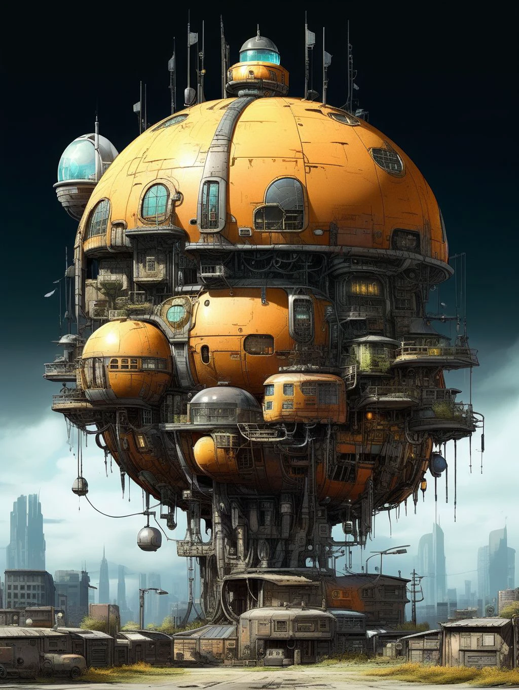 concept art  of a futuristic wasteland cityscape with a large spherical building floating in the sky, realistic lighting and textures, vibrant colors, detailed architecture, dark night sky
WastCity <lora:Wasteland_City_XL:1>, detailed background, intricate, high quality exquisite details and textures, highly detailed, warm lighting, sharp focus, HDR, 8k high resolution