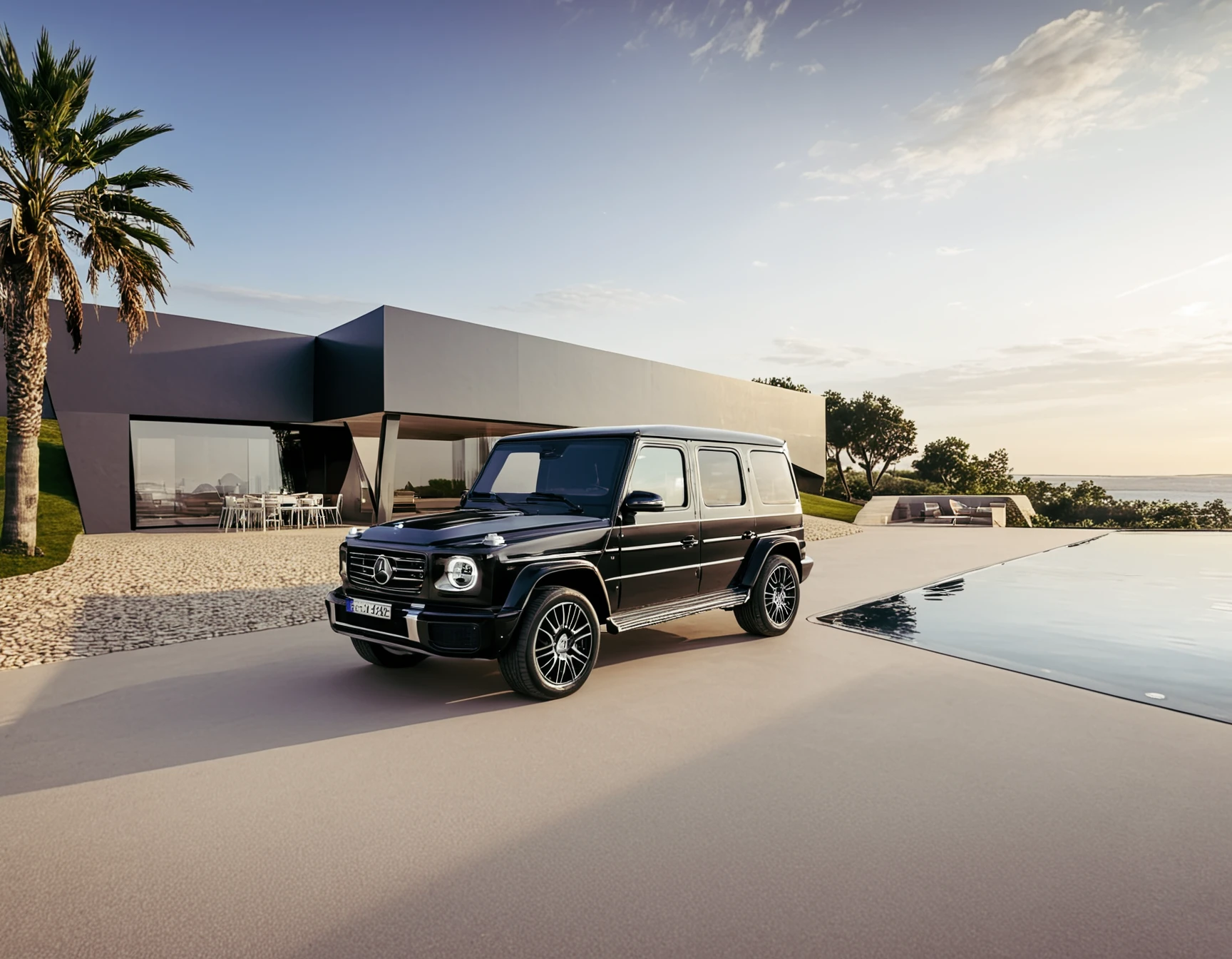 mercedes, a (black mbg63 car:1.2) parked on a 
Hornung,  The image features a modern building that is predominantly light, with some areas of glass and a visible pool. The building is situated in an open space, possibly near the sea or a river, as suggested by the presence of water nearby. , Villa

