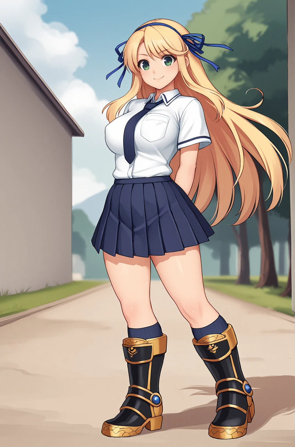anime artwork, score_9, score_8_up, score_7_up, source_anime, BREAK, thick outline, fat outline,
Katsuragi_XL, green eyes, long blonde hair, blue hair ribbon, double hair ribbon, large breasts, BREAK, Katsuragi_School, school uniform, blue necktie, white buttoned shirt, pleated skirt, dark blue kneehighs, Katsuragi_boots, ornate boots, piston boots, mechanical boots, golden boots, BREAK, outdoors, hands behind back,
<lora:Katsuragi_XL:0.7>
<lora:PersonalAmi_PonyXL:1.0>