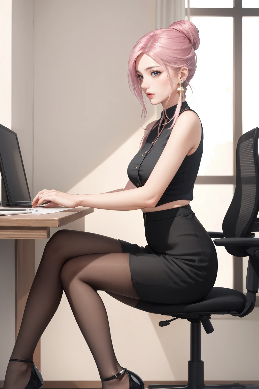 1lady,indoor,office,sitting BREAK
elise,pink hair,hair bun,offce lady,earrings,sleeveless,pencil skirt,pantyhose,high heels,<lora:elise_v07:0.9>,