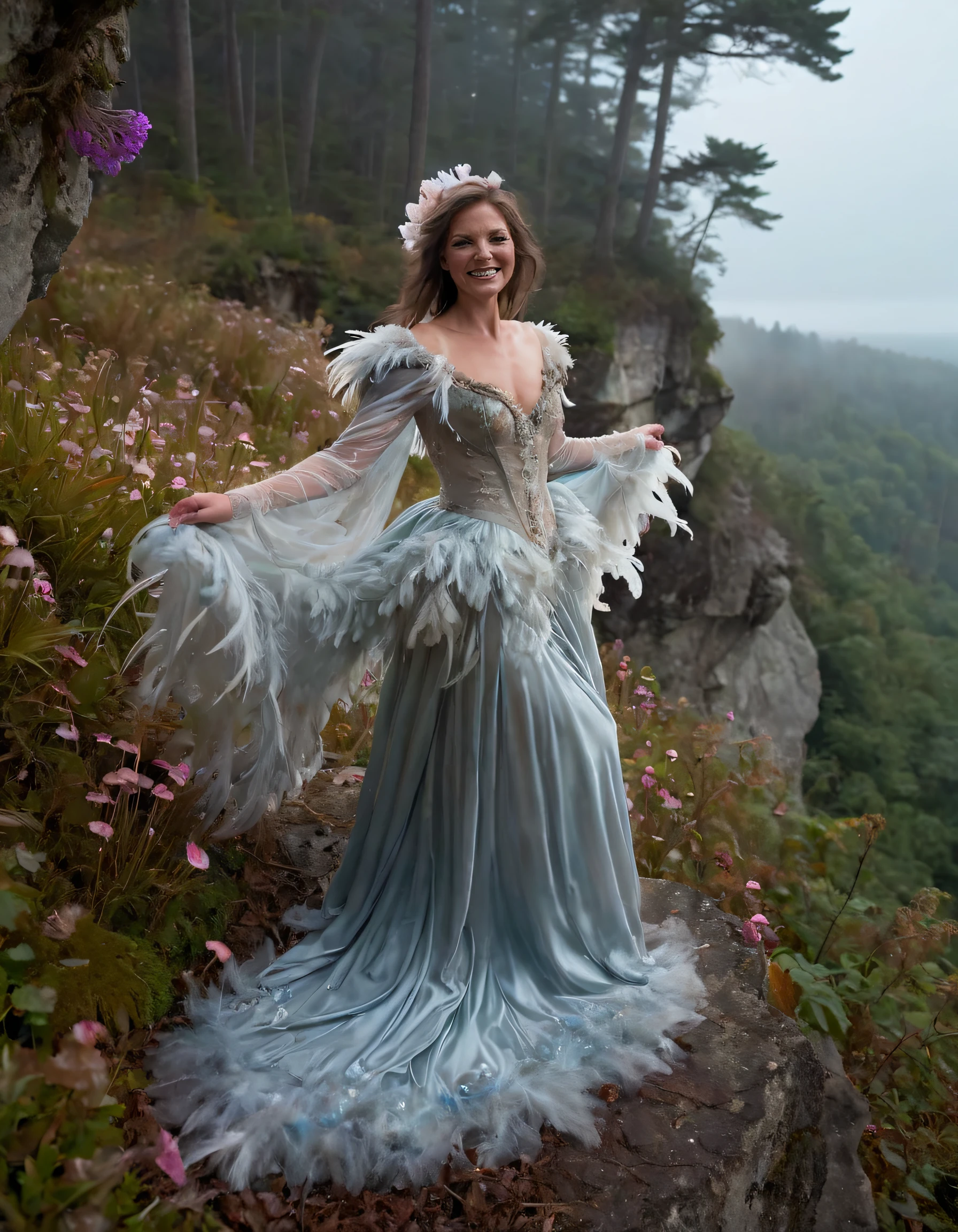 With a contagious, uncensored grin spreading across her face, the solitary Bobbi, dressed in a breathtaking Victorian gown of flowing silk and feathers, stands atop an ethereal cliff overlooking a whimsical forest filled with glowing mushrooms and bioluminescent flowers, her radiant presence illuminating the enchanting landscape as she confidently poses for an unforgettable photograph. <lora:pvnqxk18fcb387a01y161:1>