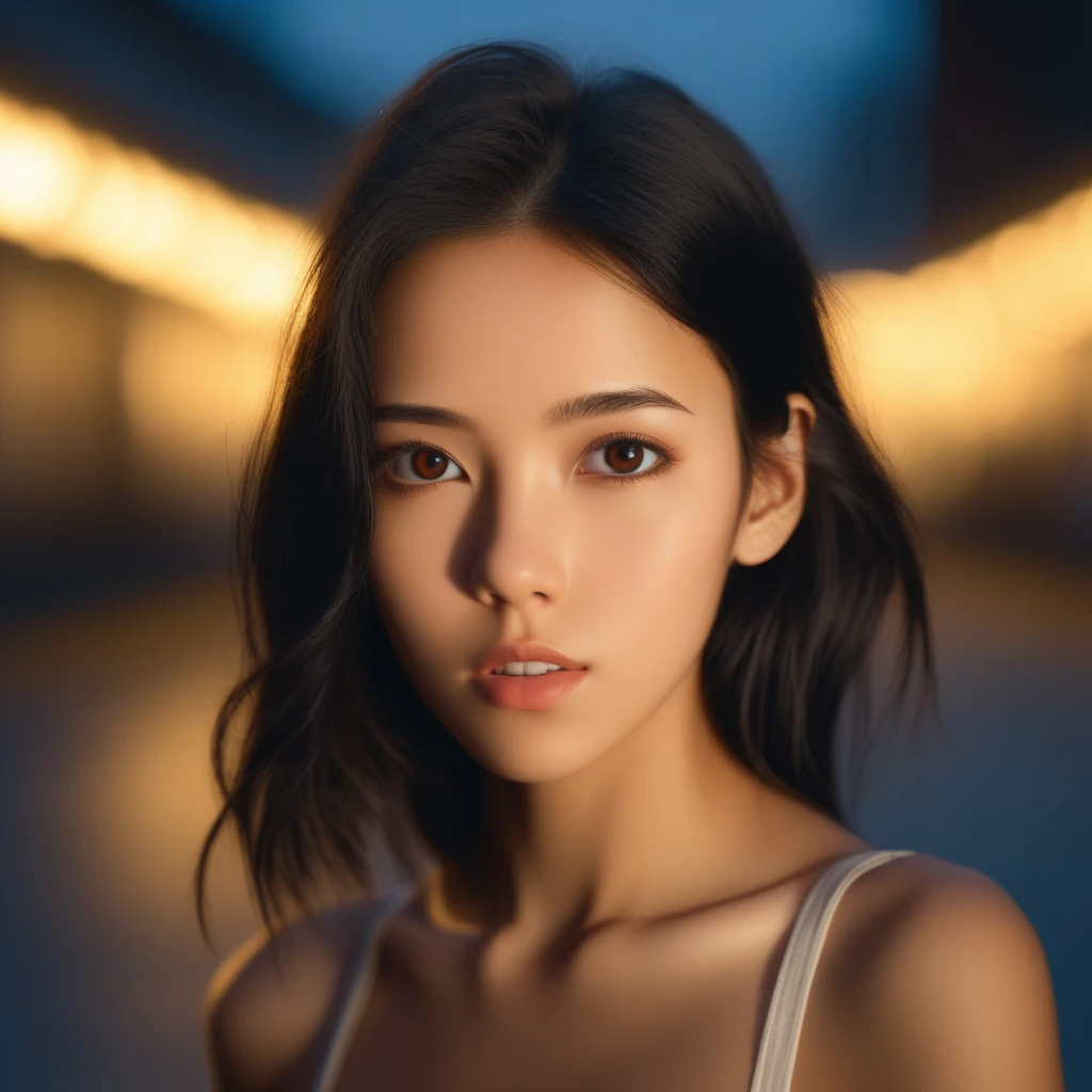 blurry, upper body, looking at viewer, parted lips, black hair, 1girl, brown eyes, realistic, blurry background, breasts