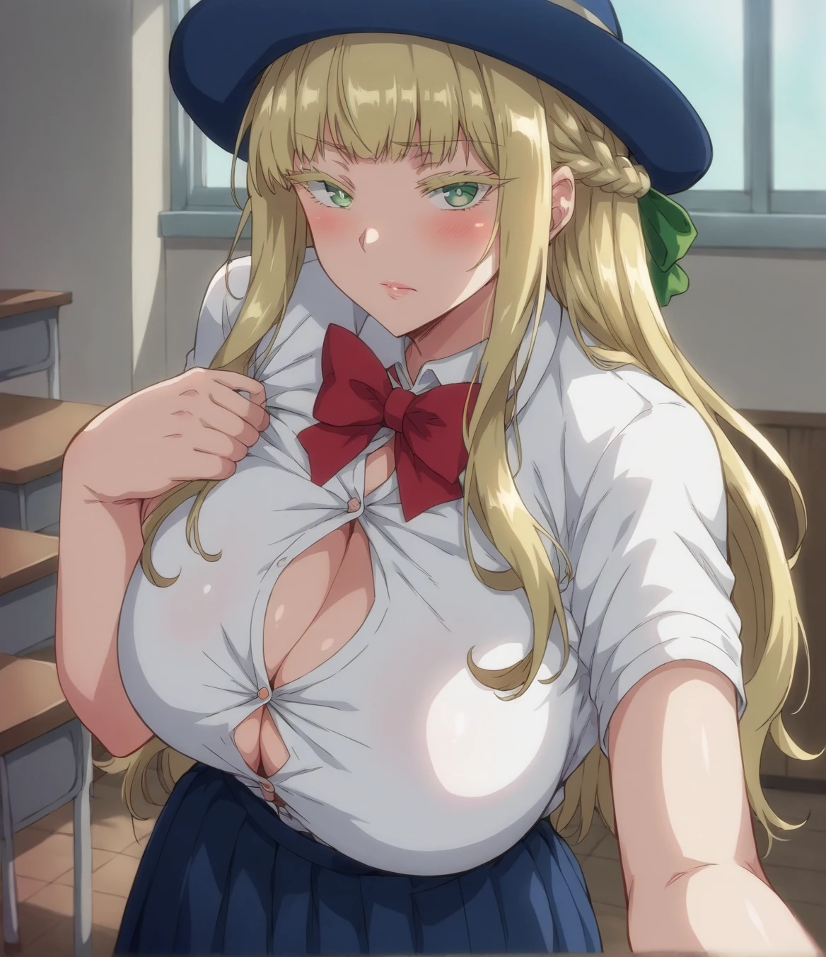 score_9, score_7_up, source_anime,1girl,,solo,looking at viewer, cowboy shot, <lora:Louisa_R_pony_v1:0.8> Louise,french braid, long hair,blonde hair,green ribbon,green eyes,Captivating Eye Reflections,colored eyelashes,large breasts,cos,blush,hat,button gap,red bow,
classroom