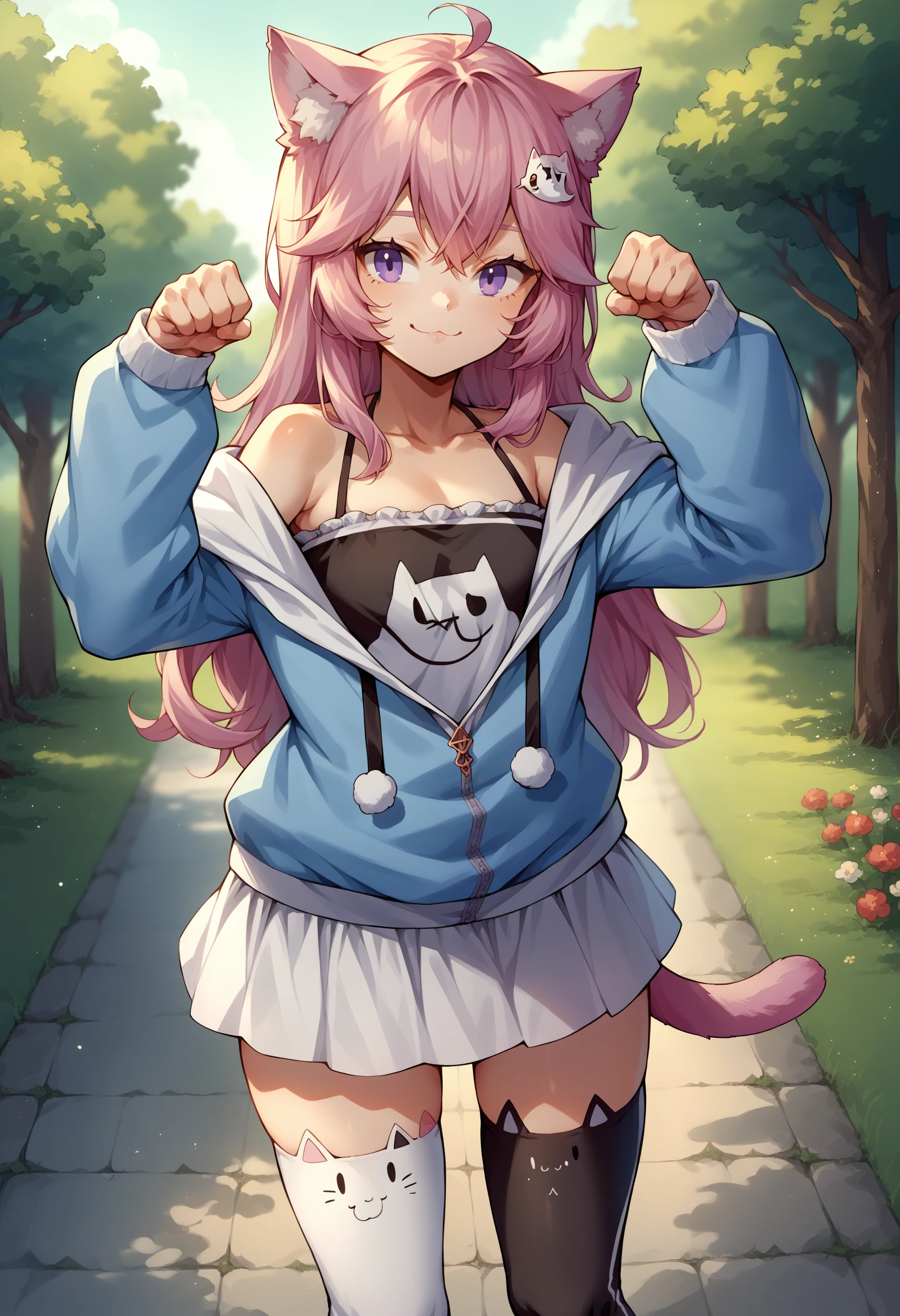 score_9, score_8_up, source_anime, 1girl, solo, NyannersBase, long hair, cat ears, cat tail, hoodie, long sleeves, camisole, cat print, white skirt, cat ear legwear, asymmetrical legwear, paw pose, smile, outdoors, <lora:ChamNyatashaNyannersPonyXL:1>