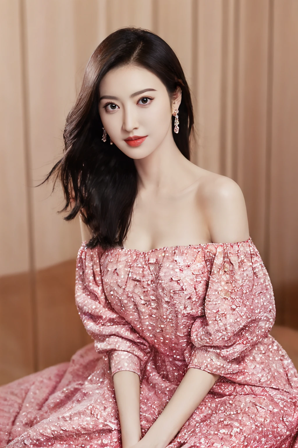 1girl,solo,(masterpiece, best quality),<lora:Perfect Hands:0.7>,realistic,off-shoulder_dress,<lora:jt2:0.7>,jewelry,butterfly_sitting,