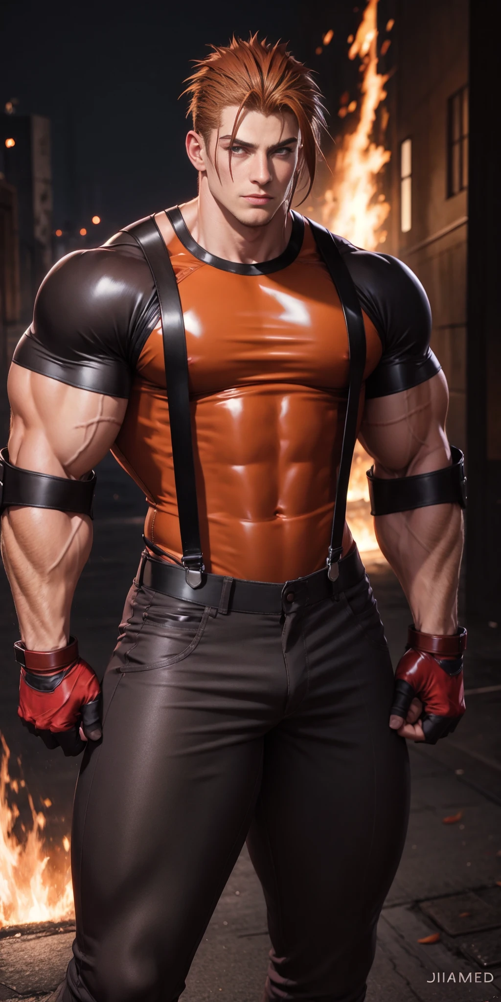 ((best quality)), ((masterpiece)), ((realistic)), (detailed)
shiny latex , muscular male, muscled, muscular,
1boy,
jimmyrd,  t-shirt, armband, brown hair, pants, suspenders,   scar, scar in face, spiked hair,  . fingerless gloves, male focus, red and black shirt,
shirt, elbow pads, fire, long hair,
 <lora:Jimmy:1>