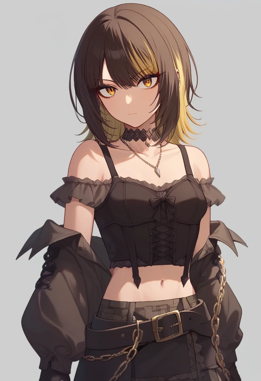 score_9,score_8_up,score_7_up,<lora:ikaruga_luca_pony:1>,off_shoulder, looking_at_viewer, eyelashes, crop_top, print_skirt, black_shirt, belt, puffy_sleeves, dot_nose, eyeliner, transparent_background, ikaruga_luca, 1girl, black_gloves, claw_ring, chain, midriff, frills, closed_mouth, solo, collarbone, official_art, small_breasts, black_jacket, choker