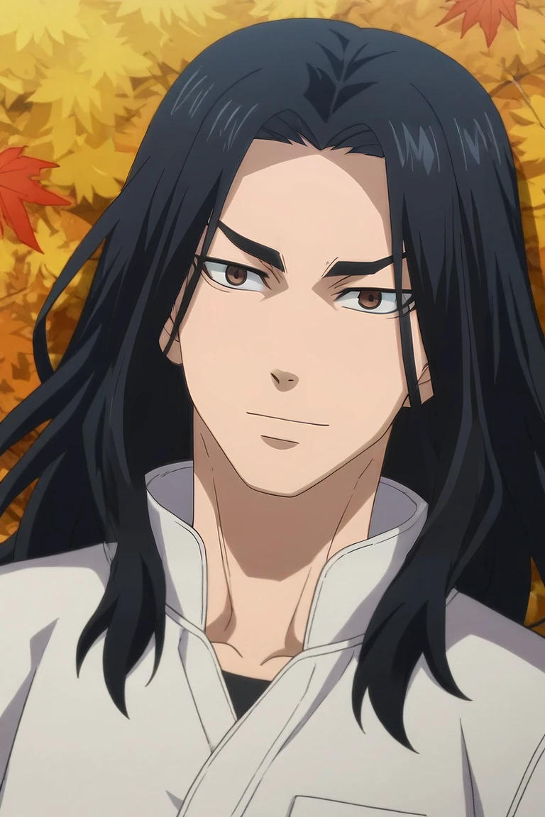 score_9, score_8_up, score_7_up, source_anime, rating_safe, , anime screencap, , , , , 1boy, solo, male focus, <lora:keisuke_baji_pony:0.84>, keisuke_baji, black hair, brown eyes, long hair, , symmetry, trees, autumn, leaves, light, lying, on back, light smile, , <lora:sdxl_lightning_8step_lora:1>