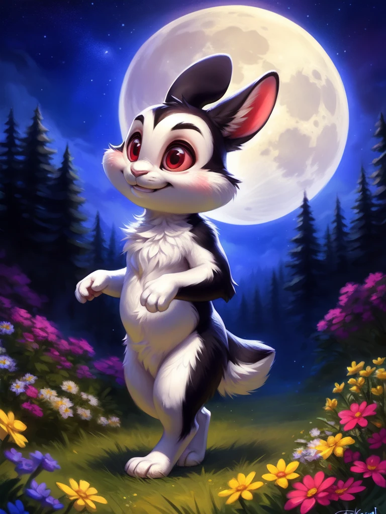 concept art  <lora:BunniculaBunNi1:0.8>  BunniculaBunNi, solo,  Red eyes,  chibi,  white sclera, [forest, grass, stars,moon shining, clouds, flowers, bright moon, candles,]
 (beautiful, aesthetic, perfect, delicate, intricate), masterpiece, digital drawing, best quality,   (walking )
by ulitochka, by taran fiddler, by Silverfox5213, by personalami,  . digital artwork, illustrative, painterly, matte painting, highly detailed