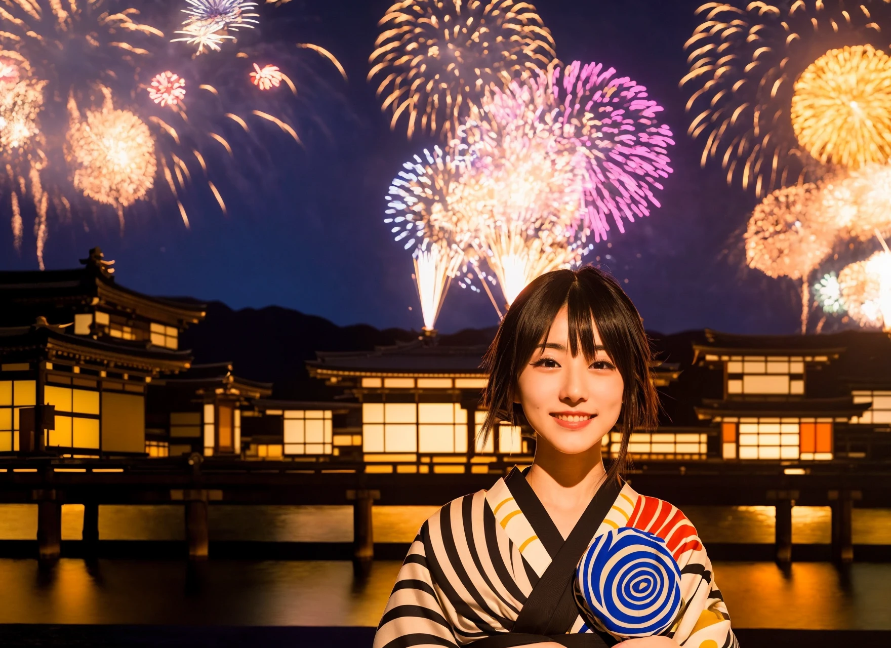 beautiful fireworks,<lora:hanabi_V1:0.8>,hanabi,(masterpiece:1.2),(best-quality:1.2),ultradetail,8k,bikini,beach,realistic,(great view:1.2),beautiful japanese girl,colorful hanabi,night_sky,vivid color,beautiful night sky,(one beautiful japanese girl in a yukata:1.5),enjoyable,kyoto,