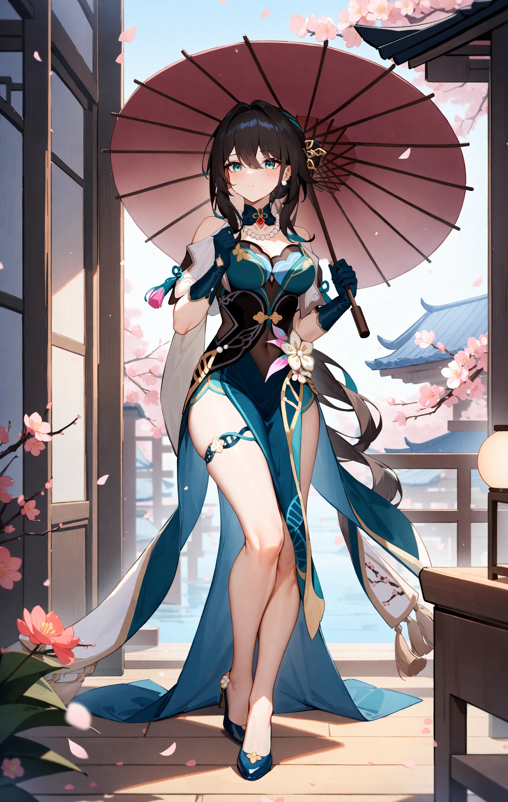 ruanmei,1girl,umbrella,solo,holding umbrella,holding,shoulder cutout,oil-paper umbrella,bare shoulders,full body,flower,standing,chinese clothes,thigh strap,pearl necklace,blue gloves,high heels,hair ornament,<lora:RuanMei-v1.0_By_XieMo:0.7>,masterpiece,best quality,very aesthetic,absurdres,