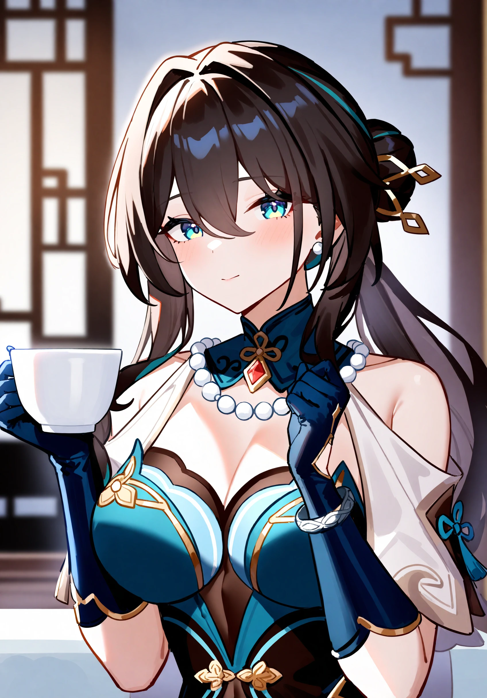 ruanmei,1girl,solo,holding,covered navel,shoulder cutout,sitting,cup,bare shoulders,holding cup,looking at viewer,chinese clothes,thigh strap,pearl necklace,blue gloves,bracelet,hair ornament,<lora:RuanMei-v1.0_By_XieMo:0.7>,masterpiece,best quality,very aesthetic,absurdres,upper_body,