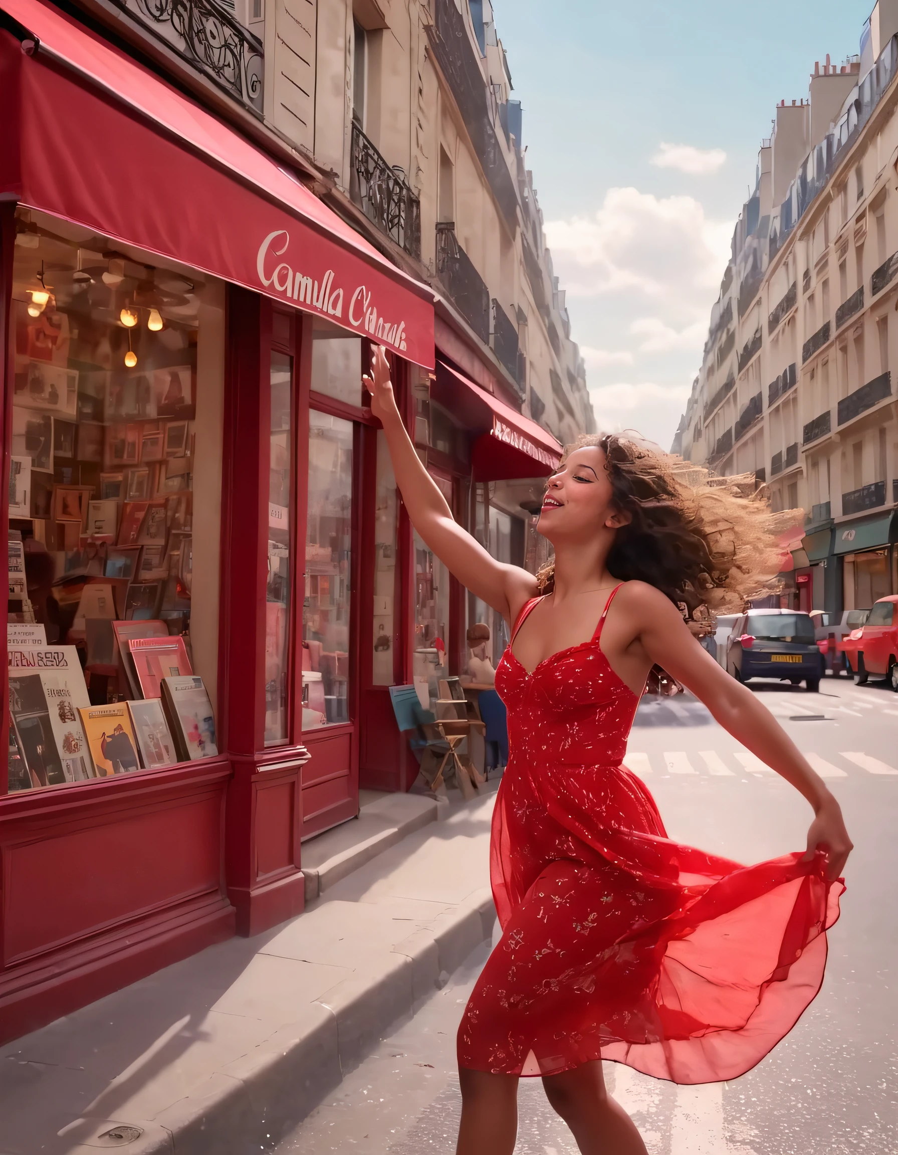 In the heart of a vibrant Parisian street, Camila, a woman clad in a bright red sundress that danced in the wind, is captured from a low angle, her petite frame framed by the busy cityscape behind her. As she gazes longingly at a quaint vintage music shop with its charming display of old vinyl records and instruments, a sense of nostalgia permeates the air, making her seem both timeless and enchanting amidst the bustling crowd. <lora:sknwjl18fd13b3989tbb:1>