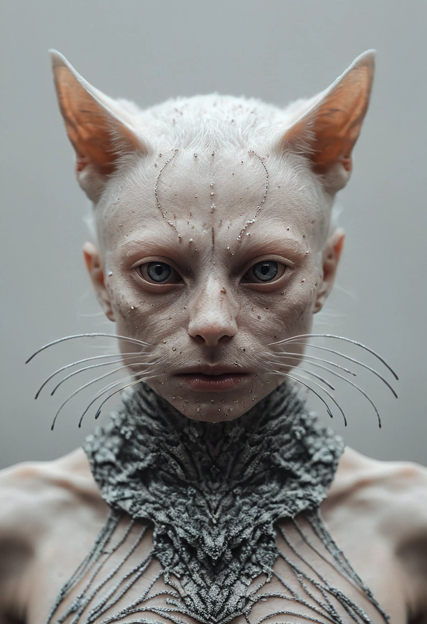 (a masterwork of fine surreal art:1.0), macro photography by Alessio Albi, (extreme details, beautiful skin delicate texture), (Yolandi Visser:1.4) (cat:1.8), armour