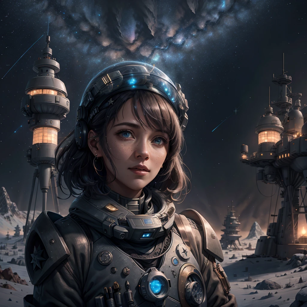 starry sky, research outpost, female explorer