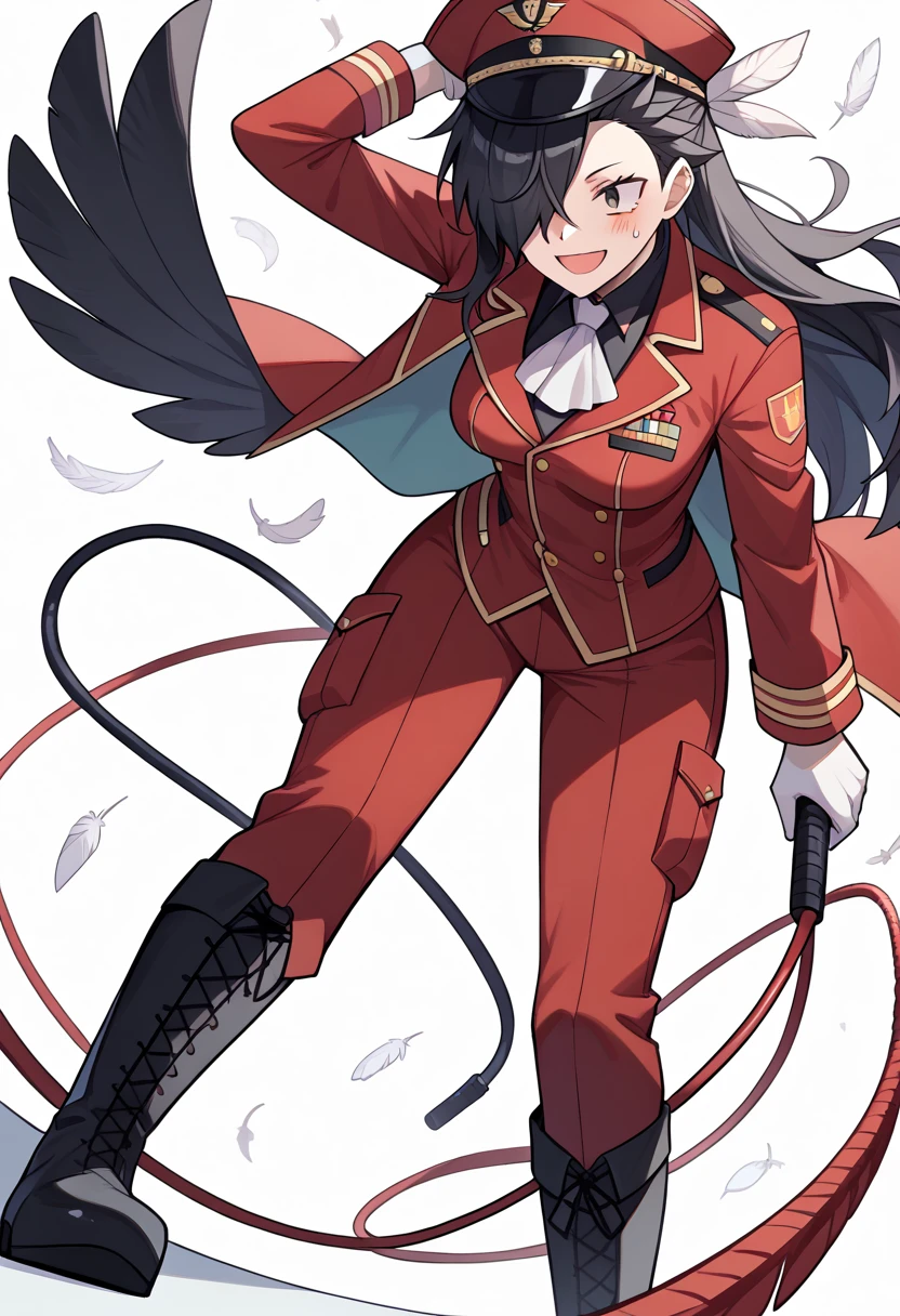 Score_9, score_8_up, score_7_up, score_6_up, scre_5_up, source_anime, very asthetic,  rating_safe, BREAK, natsumi schwarz, 1other,  red pants, white gloves, medium breasts, standing, hair over one eye, hat feather, black hair, red headwear, smile, white ascot, red jacket, open mouth, long sleeves,holding whip, white background, boots, black footwear, blush, feathers, red military uniform, <lora:NatsukiSubaruAIO-XL-V1:1>