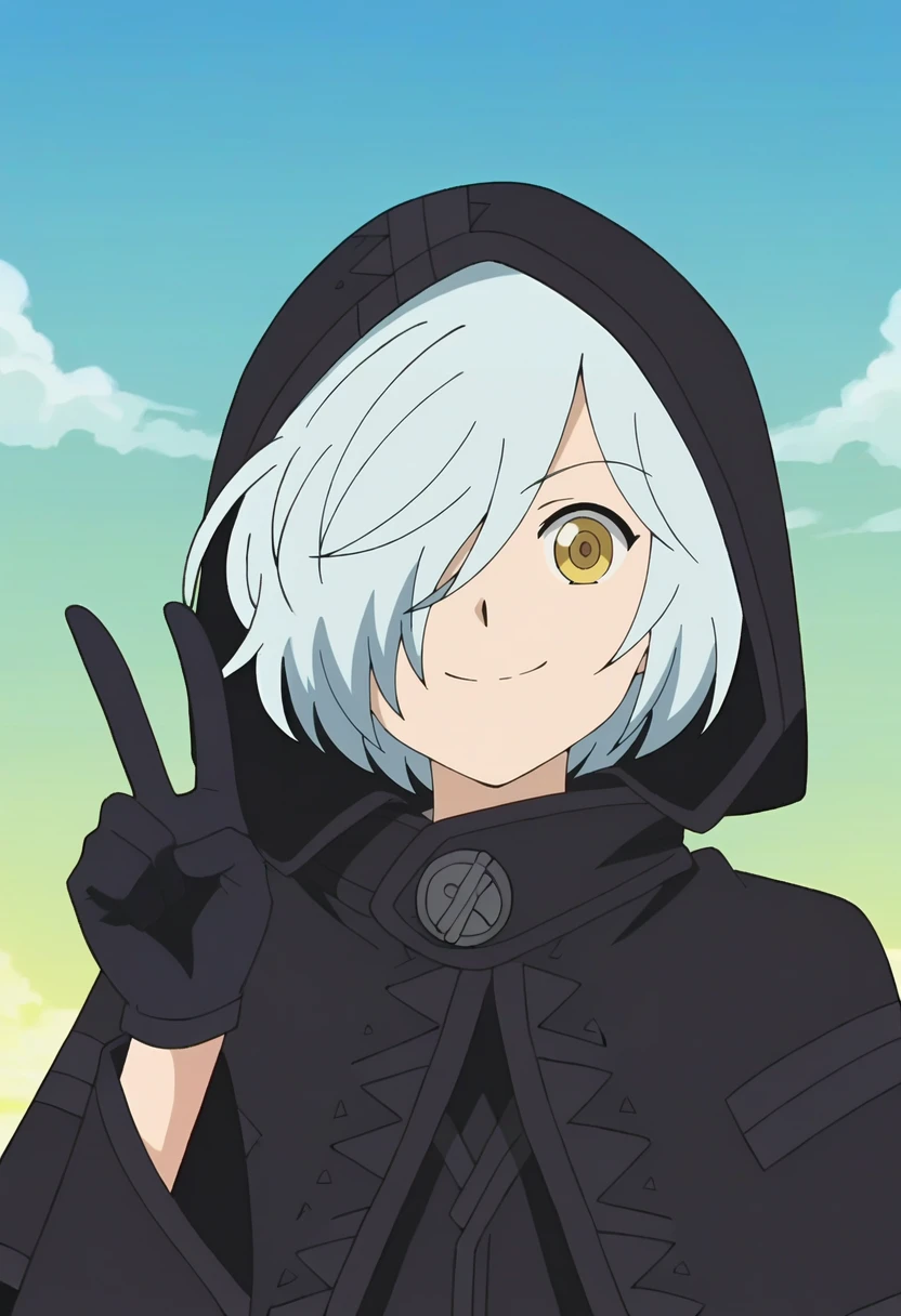 1girl, solo, <lora:Gyubid:0.85> black gloves, blue hair, hood, black cloak, yellow eyes, facing viewer, sky, yellow eyes, white hair, hair over one eye, anime screenshot, smile, v sign, 
simple background, light blue background,